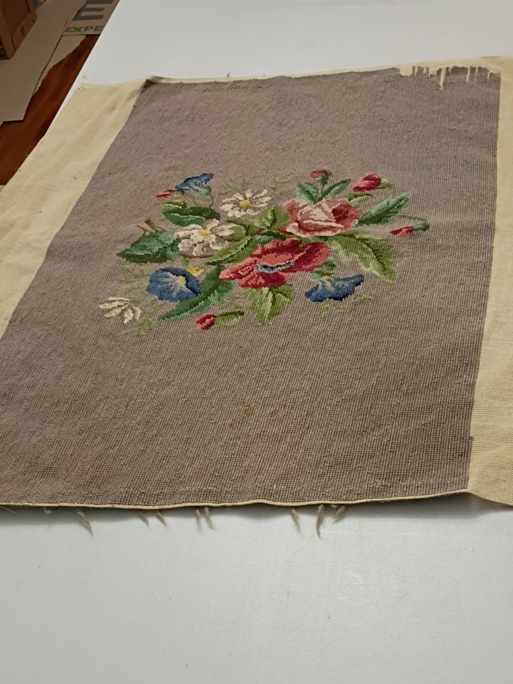 Vintage Floral Needlepoint Canvas Accent Panel in Taupe and Multicolor
